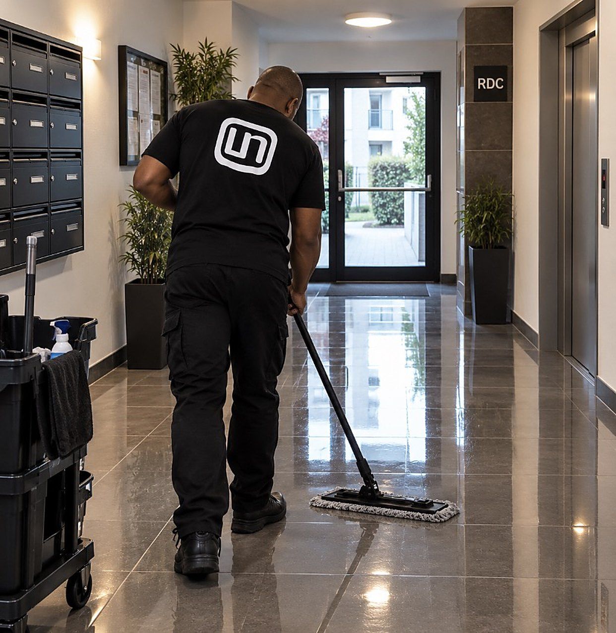 Un agent Les Nettoyeurs lave le sol du hall d’une résidence
